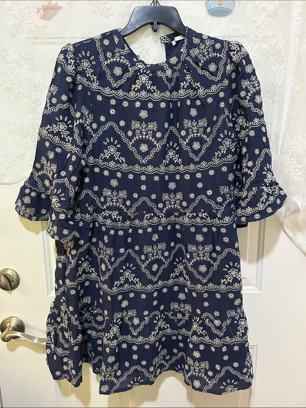Navy Blue Embroidered Midi Dress with Cream Motif